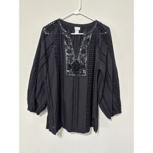 Chico's Black Eyelet Sequin Blouse Tunic Top Chico's Size 2 (US 12/14)